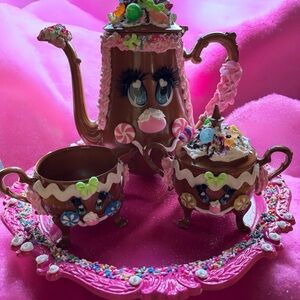 Whimsical Candy-Faced Tea Set in Brown & Pink